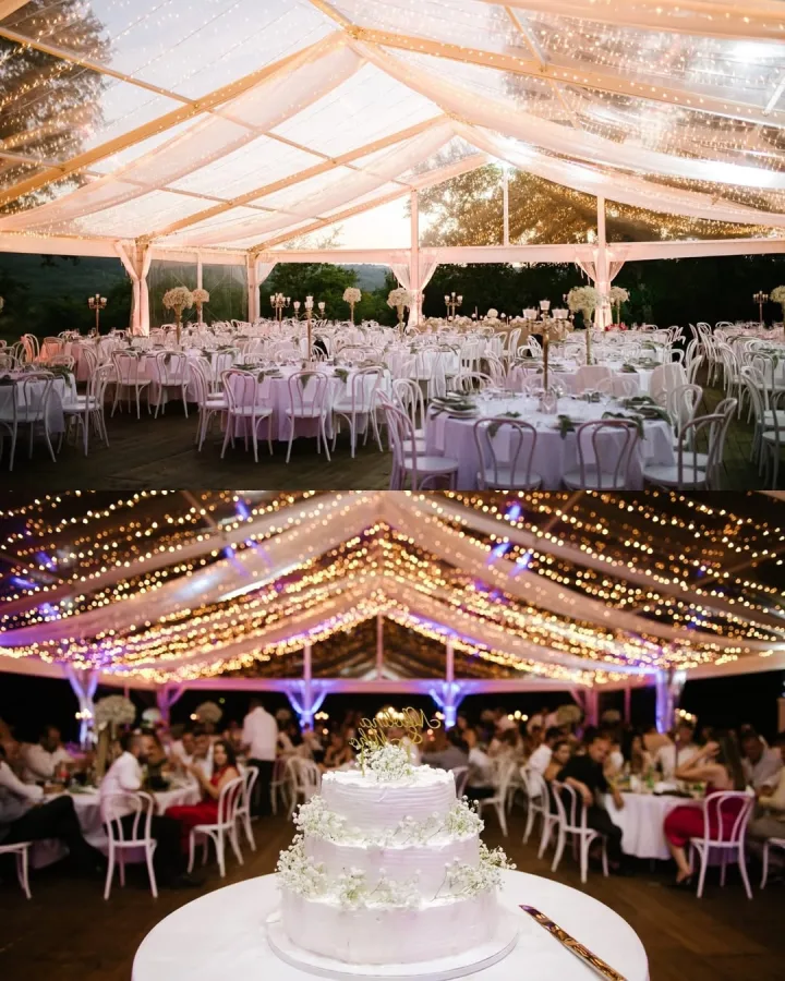 Kolaž slika dekoriranog šatora Heritage Event Venue i vjenčane torte.