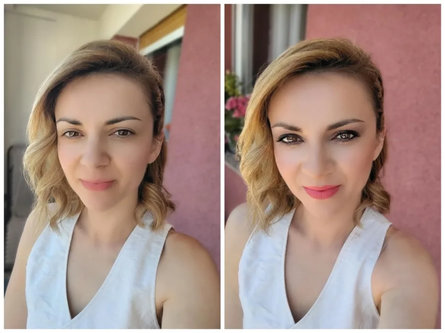 Kolaž djevojke prije i nakon šminkanja. Djevojka je našminkana s crnim sjenilom i olovkom te breskvastim ružom.