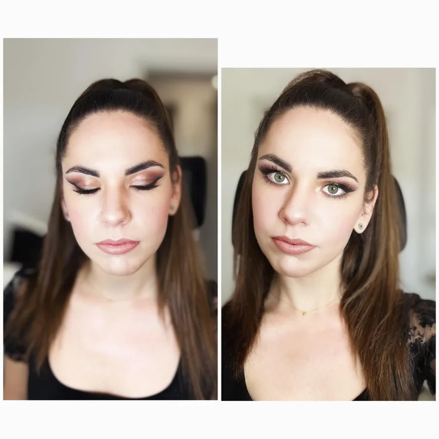 Djevojka našminkana za svečanu prigodu sa smeđom paletom sjenila u stilu smokey eyes i nude ružom za usne.