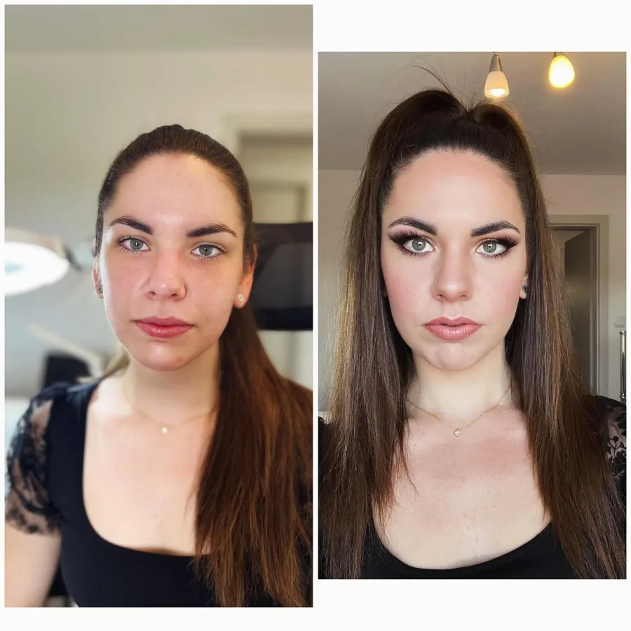 Kolaž djevojke bez šminke i sa šminkom. Djevojka je našminkana elegantno, za svečanu prigodu.
