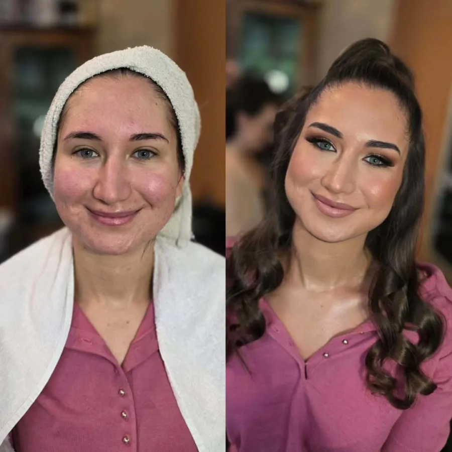 Fotografija mladenkinog lica prije i poslije profesionalnog šminkanja u Zagrebu. Smeđi smokey eyes, umjetne trepavice i mat ruž boje mesa.