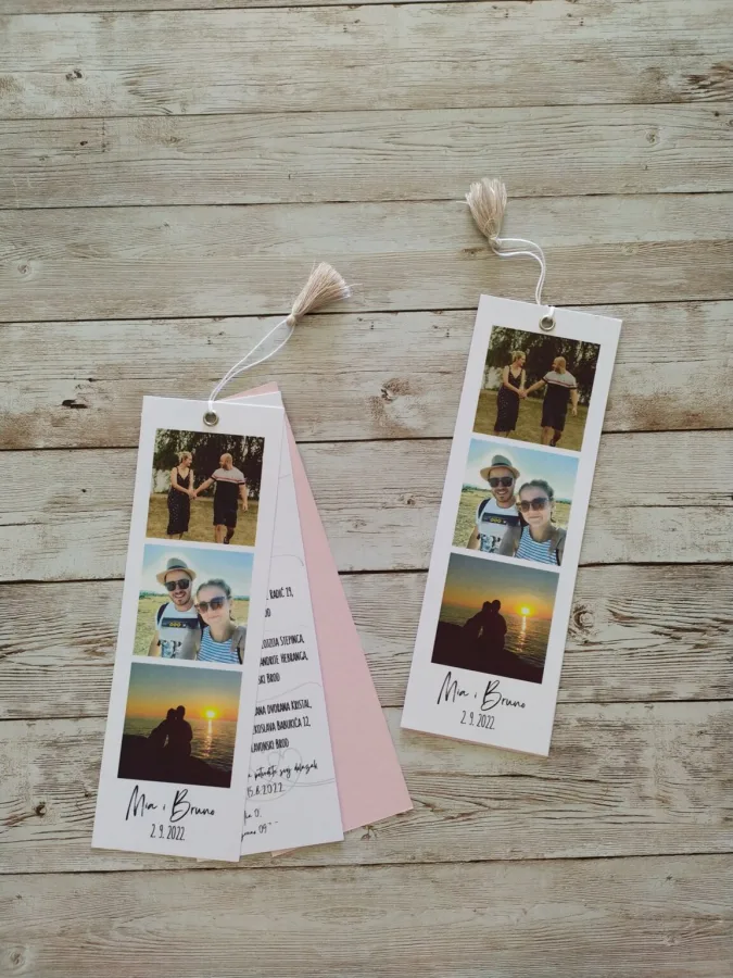 Pozivnica za vjenčanje s tri fotografije para.