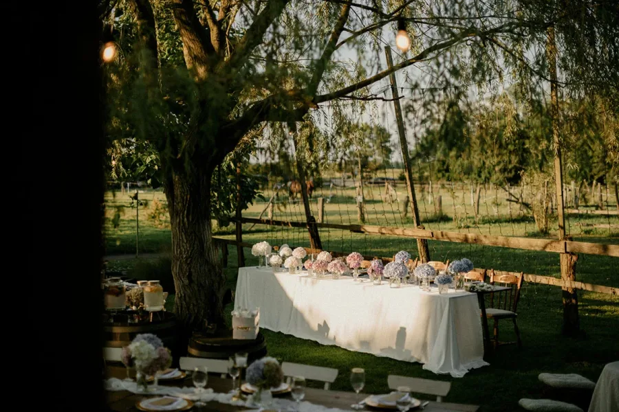 Svečano uređen stol za mladence u prirodi.