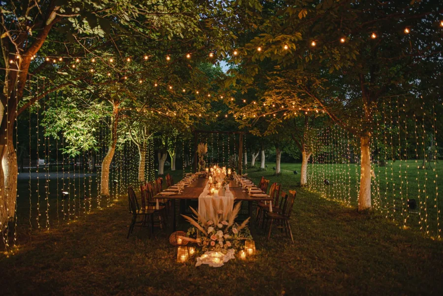 Romantična atmosfera u prirodi - svečano uređen stol okružen lampicama u Aleji oraha.
