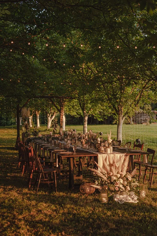 Rustikalni svečani stol za vjenčanje i stolice u prirodi.