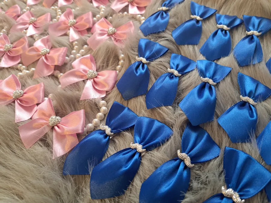 Roze mašne sa srebrnim srcem i kraljevsko plavi reveri sa srebrnim brkovima.