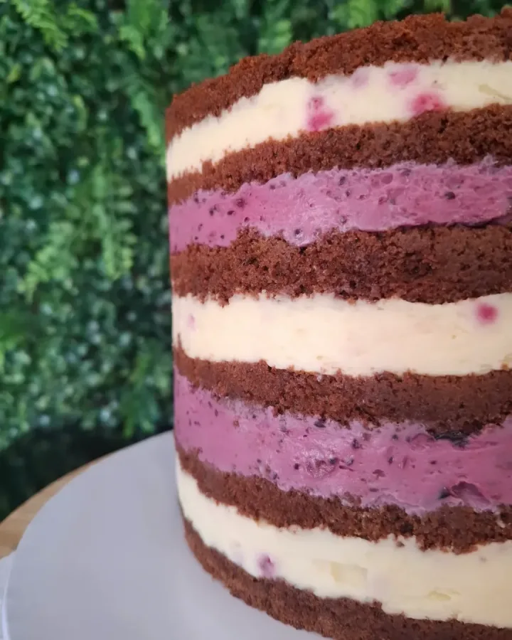 Torta sa smeđim biskvitom te kremama od borovnice i vanilije.