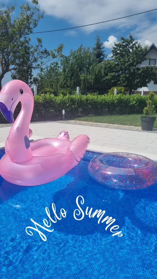 Ružičasti napuhanac flamingo i kolut sa šljokicama u bazenu vile za vjenčanja.