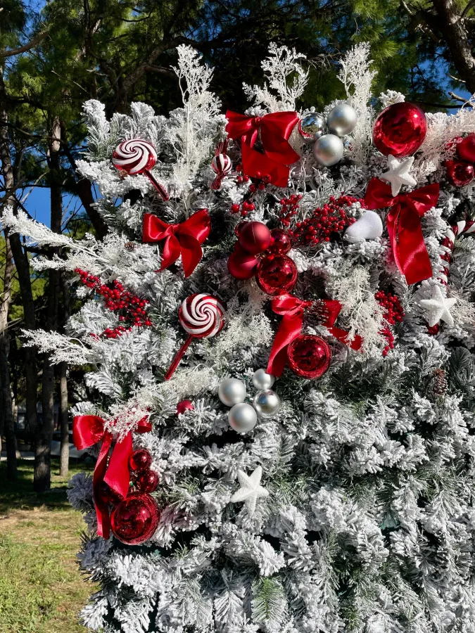Bijeli zid s umjetnim snijegom i crvenim kuglicama, idealan za fotografiranje na vjenčanju.